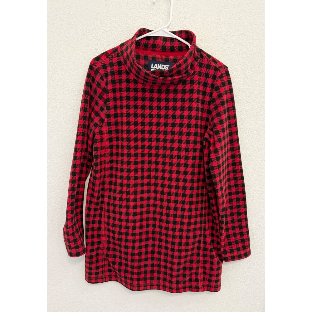 Lands End Kids Red Black Buffalo Plaid Fleece Sleep Gown Mock Neck Size 10-12